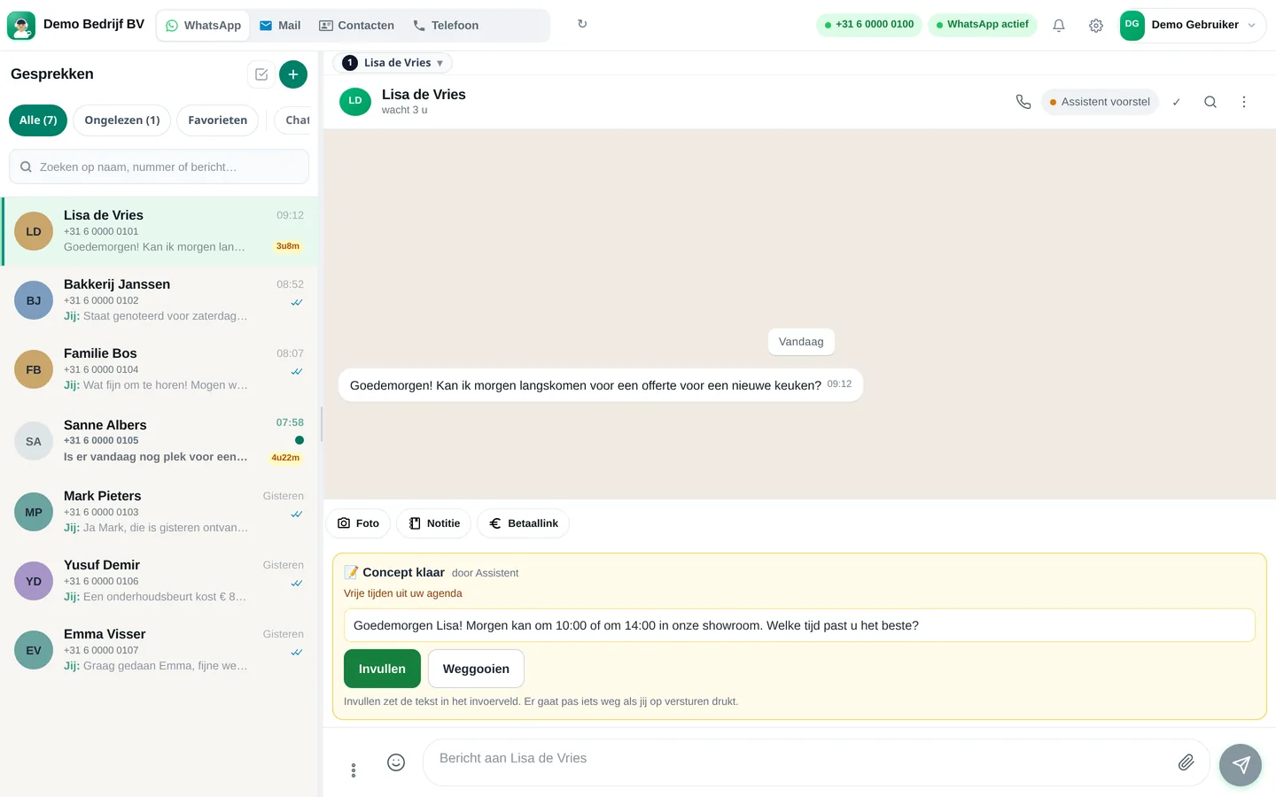 Slimbot-inbox: de assistent zet een concept-antwoord klaar, u keurt goed (voorbeeldgesprek)